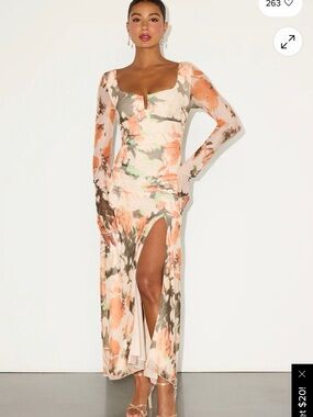 Lulus Cream Multi Floral Mesh Long Sleeve Maxi Dress